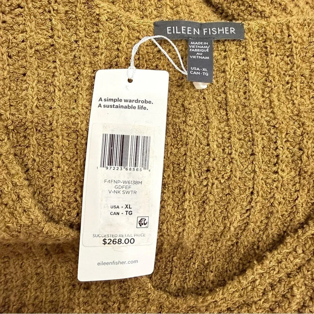 Eileen Fisher Women’s Organic Cotton Cashmere Fluff V-Neck Sweater Gold Leaf NWT